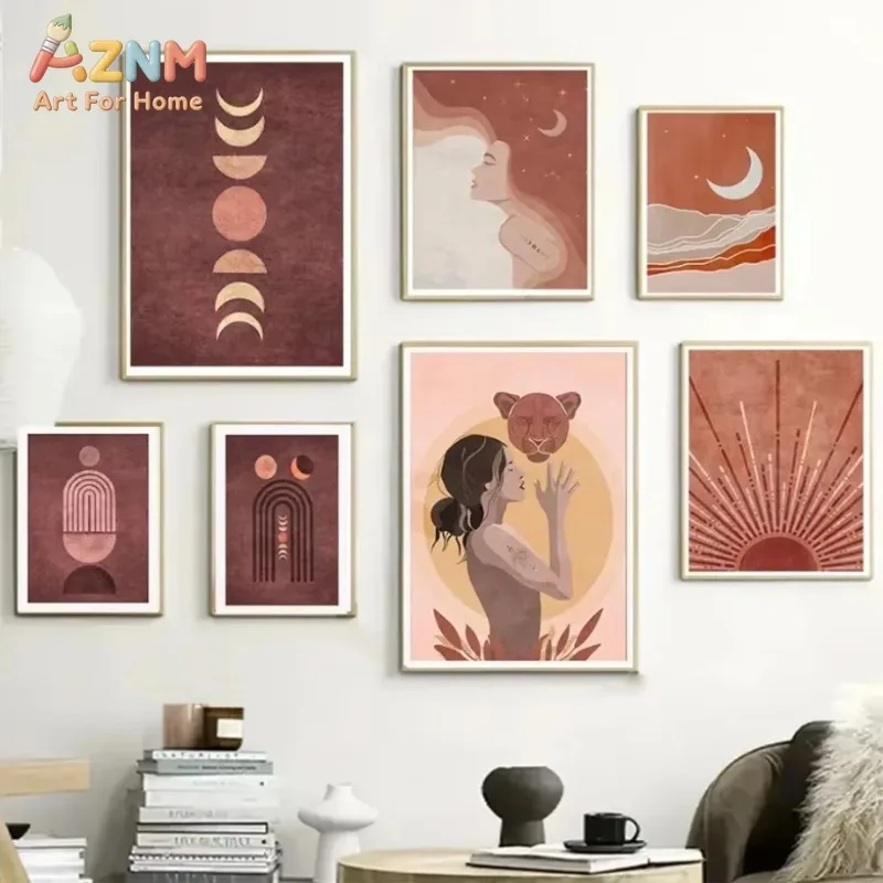 Unframed Boho Moon Phase Canvas Wall Art Terracotta Geometric Arch Print Poster Living Room Bedroom Decor Canvas Painting Gift