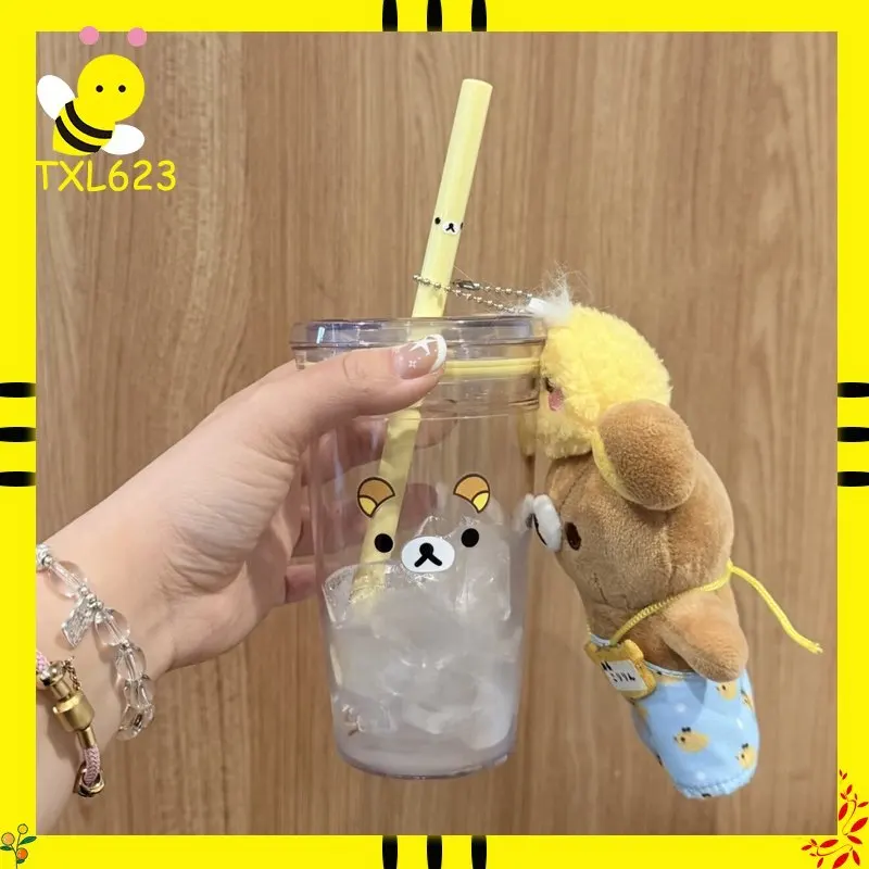 

Прозрачная пластиковая кружка Rilakkuma Kawaii с соломинкой, большая емкость, портативная, для холодных напитков, с крышкой, праздничный подарок