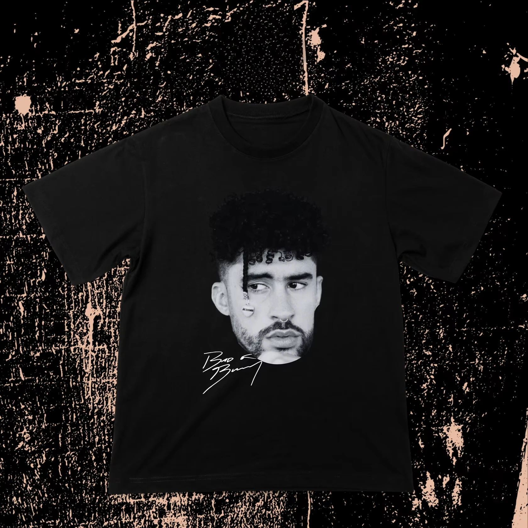 Unisex Casual Short Sleeve Tops with Black & White Portrait and Signature Print of Bad Bunny, Reggae Street Style T-shirt