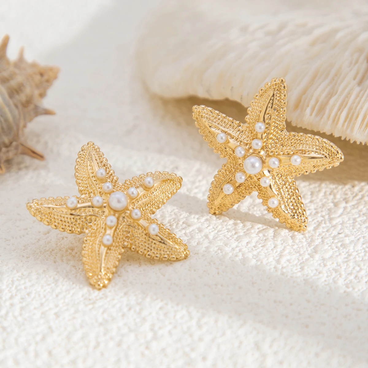 KunJoe Trendy Gold Color Simulated Starfish Ear Studs Earrings for Women Exquisite Small Star Earring Summer Beach Daily Jewelry image 4