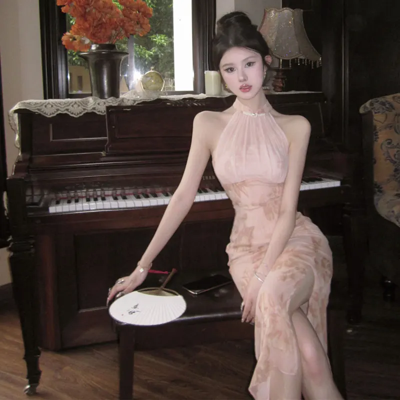 Elegant Chinese Style Sleeveless Neck Hanging Dress Slim Fit Beautiful Pink Bodycon Skirt Fashionable Ladylike Pure Desire