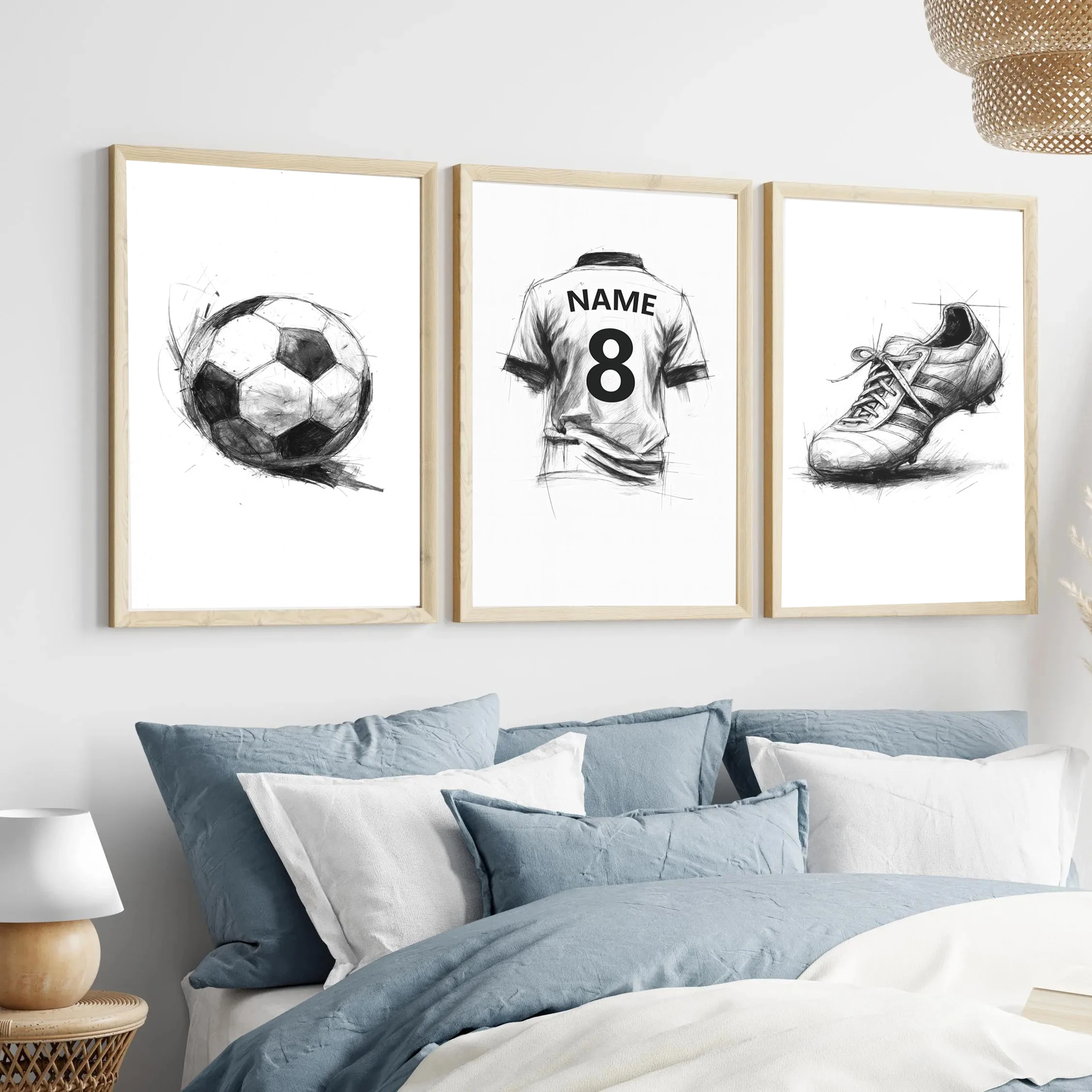 3 Stück/Set individueller Fußball- und Jersey-Leinwanddruck, personalisierter Name und digitale Schriftart, Sport-Wandkunst-Poster für Jungenzimmer, Heimdekoration