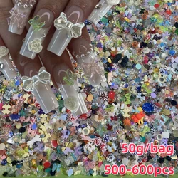 500-600pcs Mixed Bowknot Heart Flowers Nail Charms 3D Candy Colors Mixed Kawaii Resin Nail Art Rhinestones Korean Manicure Parts