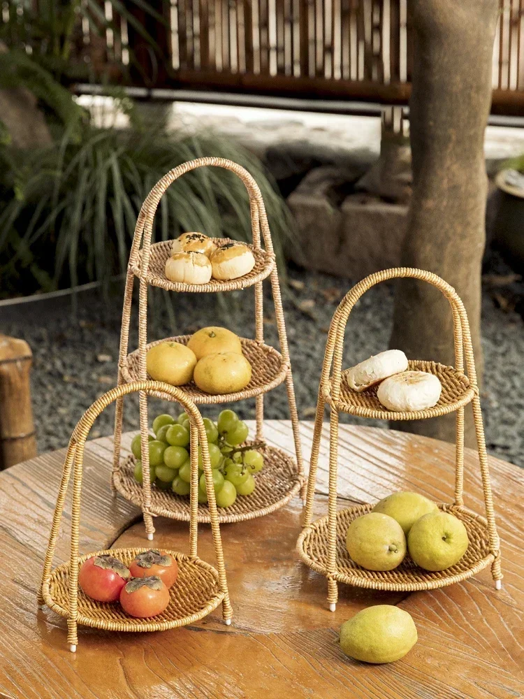 apply to Household Double-Layer Rattan-like Fruit Tray Multi-Layer Chinese Afternoon Tea Dim Sum Rack