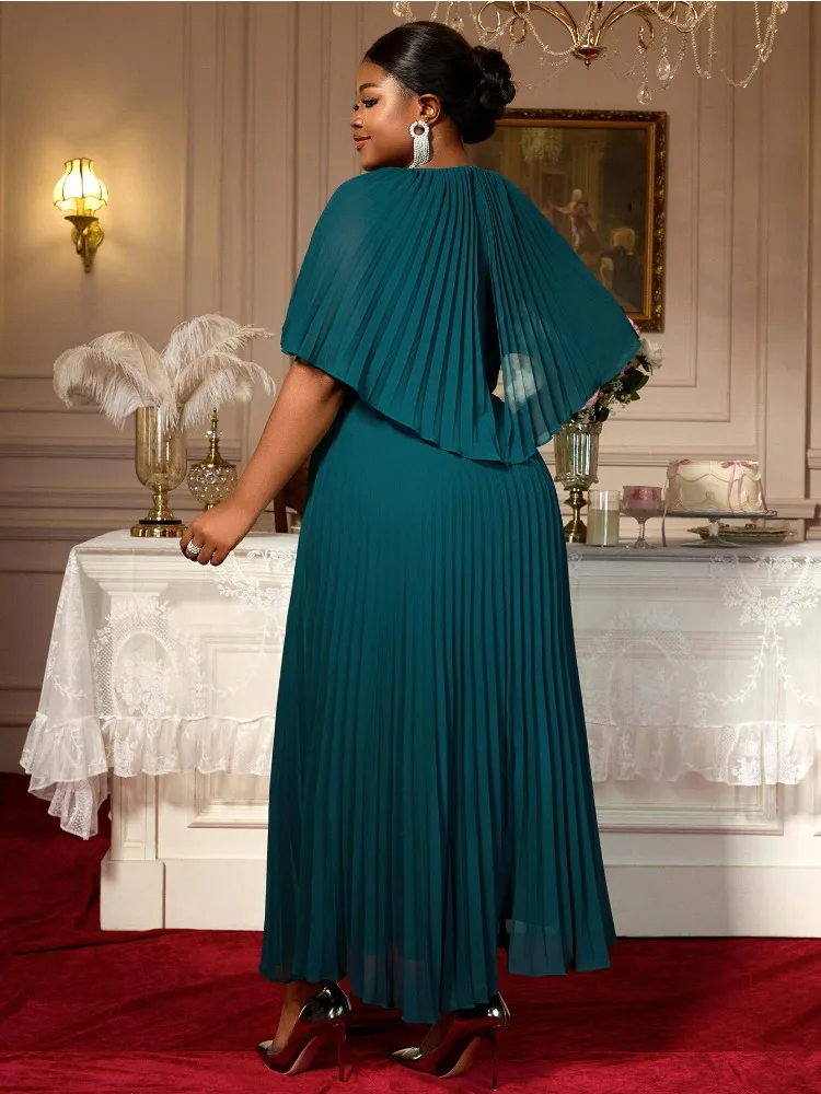 Elegant Plus Size Pleated Maxi Dress O Neck Cloak Sleeve High Waist  Perfect for Evening Event Wedding Guest or Formal Occasions