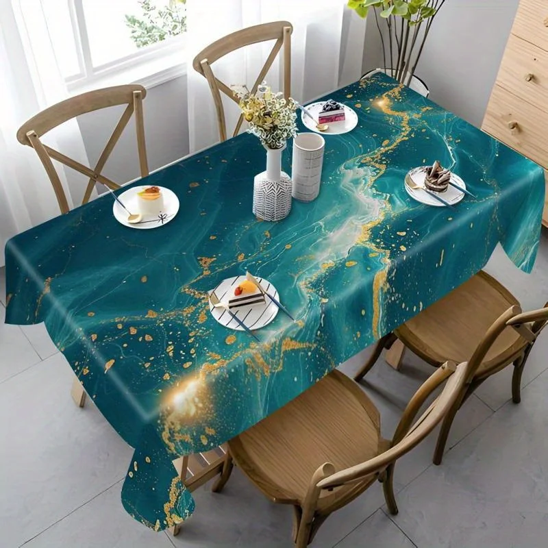 Fluid Marble Tablecloth, Teal Base With Golden Splatter Veins, Rectangular Table Cover for Kitchen & Dining Home Decor