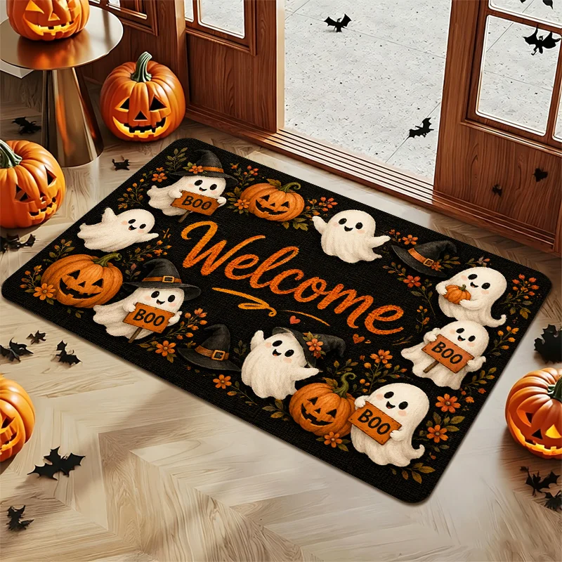Ghost Boo Dot Halloween Floor Rug Black Base White Spirit Orange Circle Print Non Slip  Mat For Horror Fan Home Entrance Decor