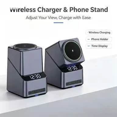 Adjustable Angle Wireless Charger Phone Stand Digital Clock Multi‑Function Desktop Charging Holder for Smartphone