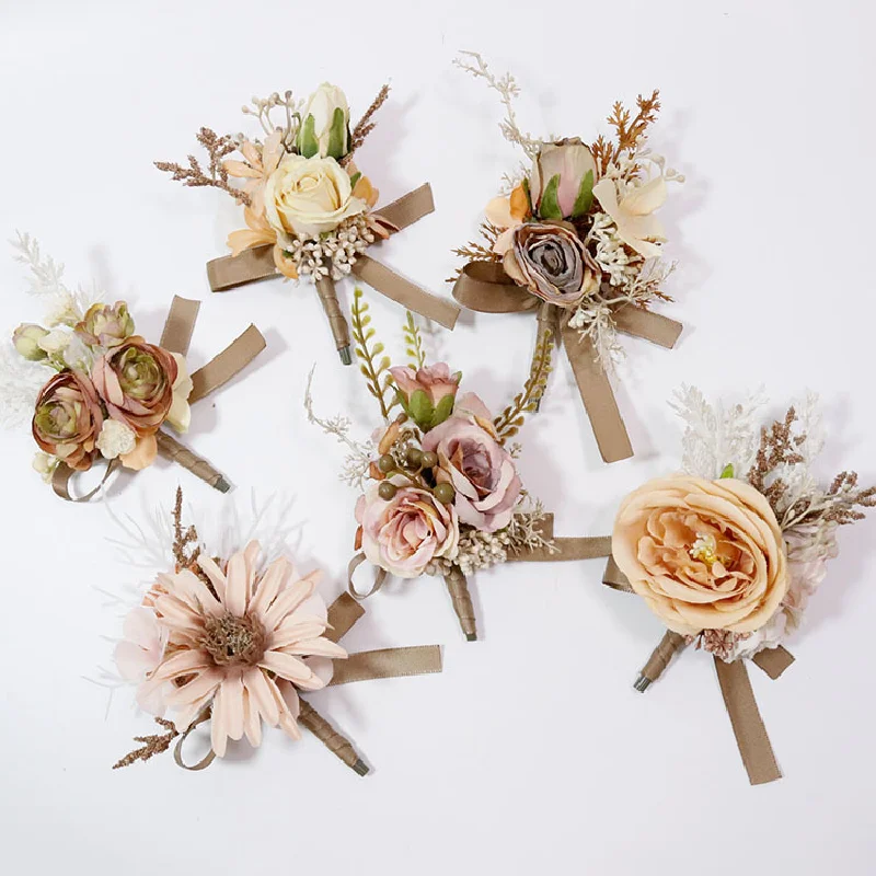 Boutonniere e pulso Corsag para convidados, flor simulada para o noivo, leite chá café, suprimentos do casamento, banquete suprimentos, 471