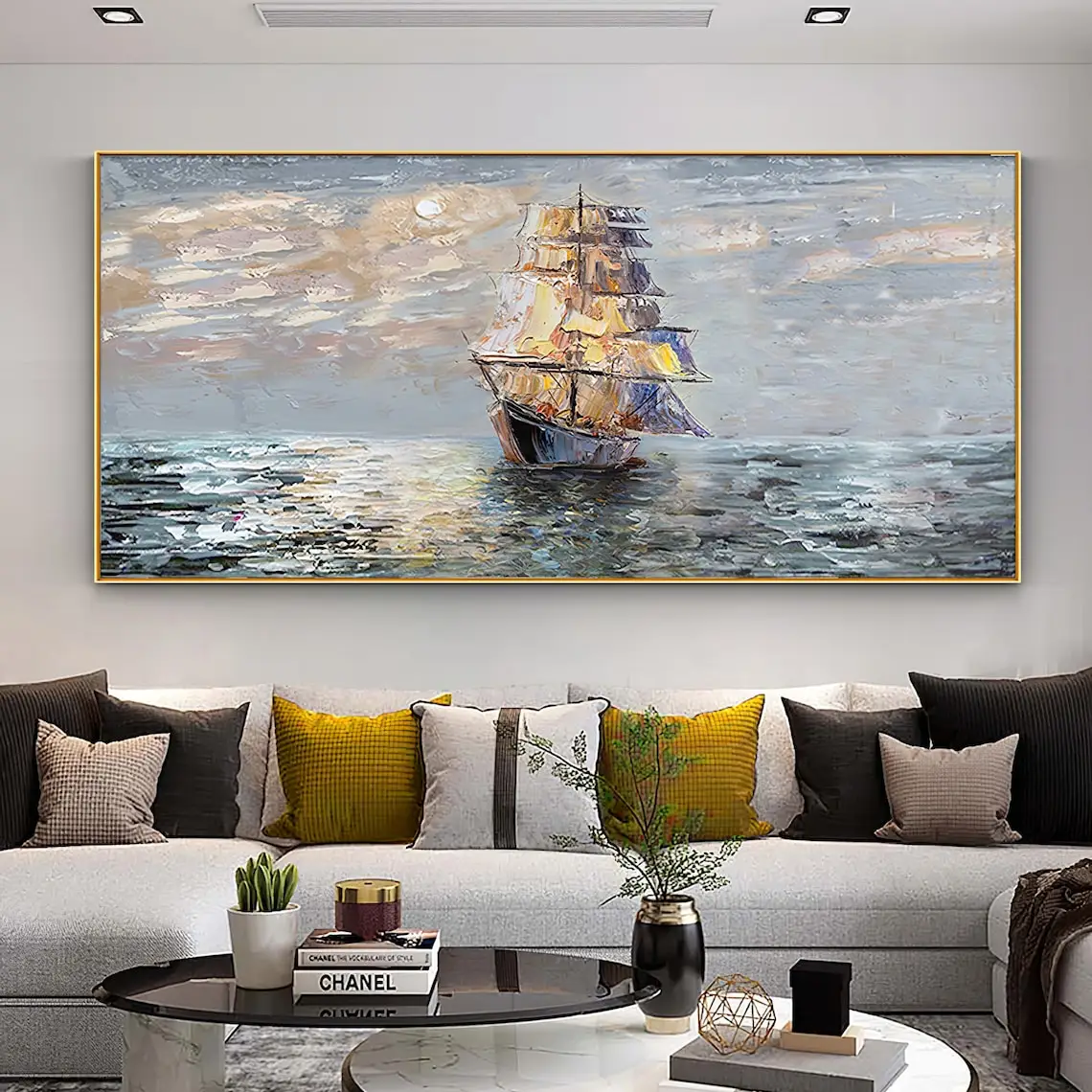 1pc frameless Canvas Painting Noble Gray Painting Large Oil Painting on Canvas Abstract Sailboat Landscape Acrylic Painting Livi