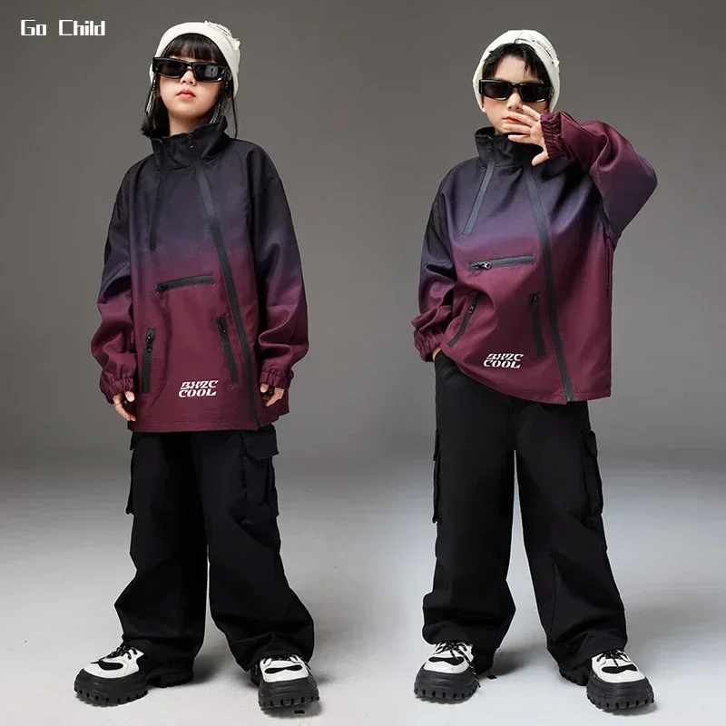 Boys Hip Hop High Collar Gradient Coat Girls Personalized Jacket Street Dance Cargo Pants Kids Streetwear Children Clothes Sets