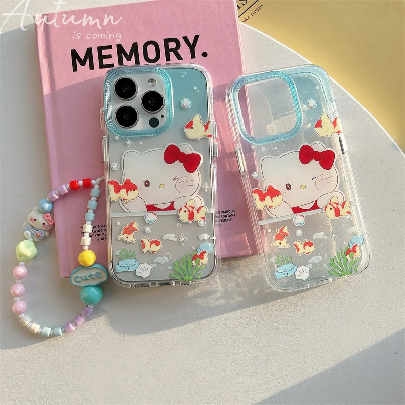 Cute Gradient Hello Kitty Clear Bling Glitter KT Phone Case For iPhone 13 14 15 16 Pro Max Lovely Cartoon Kitty Doll Wrist Strap