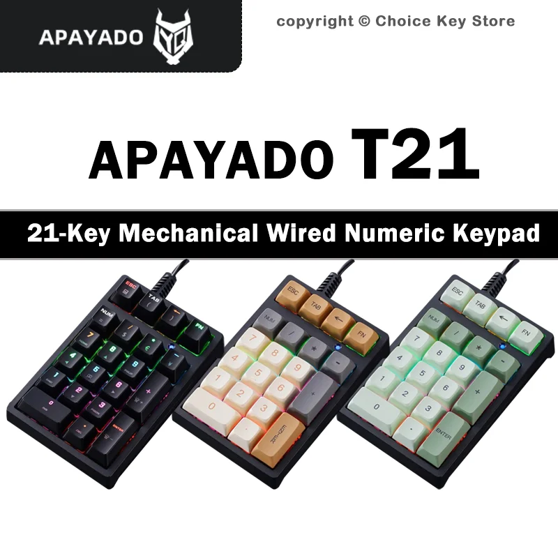 Teclado numérico mecánico APAYADO T21, teclado numérico con cable USB de 21 teclas, interruptor azul, teclas PBT retroiluminadas para contabilidad/finanzas/banca