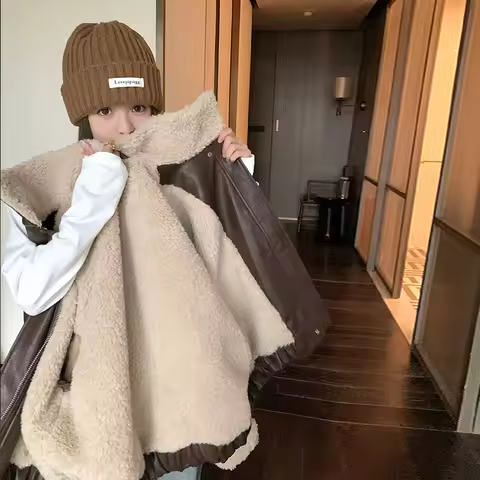 Y2K American Retro Motorcycle Leather Jacket Women's Short Winter New Item Lamb Fur Integrated Maillard Jacket