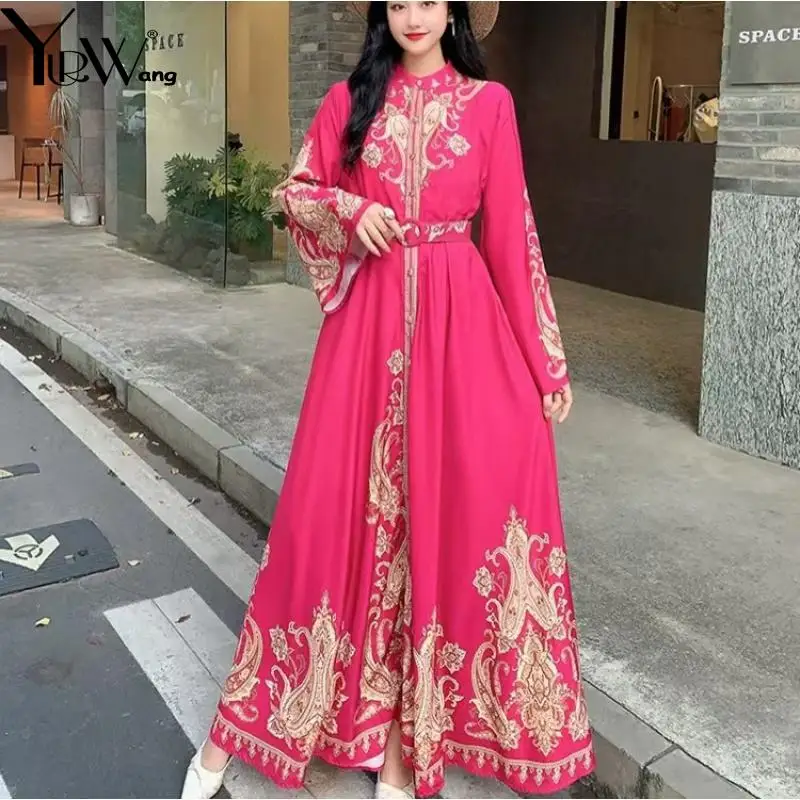 

YUERWAN Women Dress 2025 Autumn Fashion Elegant Flare Sleeve Printed Single Breasted Belt Large Hem Loose Long Shirt Dresses New