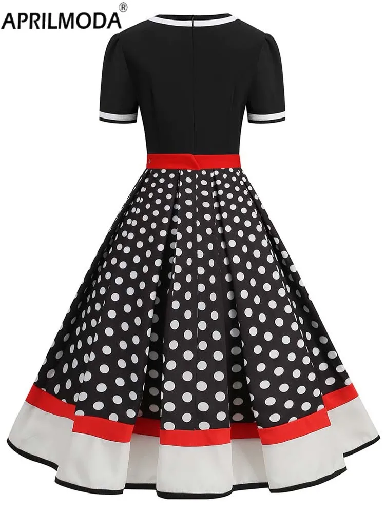 2024 anni '50 anni '60 scollo a V vita alta abito Vintage pieghettato stampa a pois donna estate manica corta anni '50 vestito estivo da festa Robe s ~ 4XL