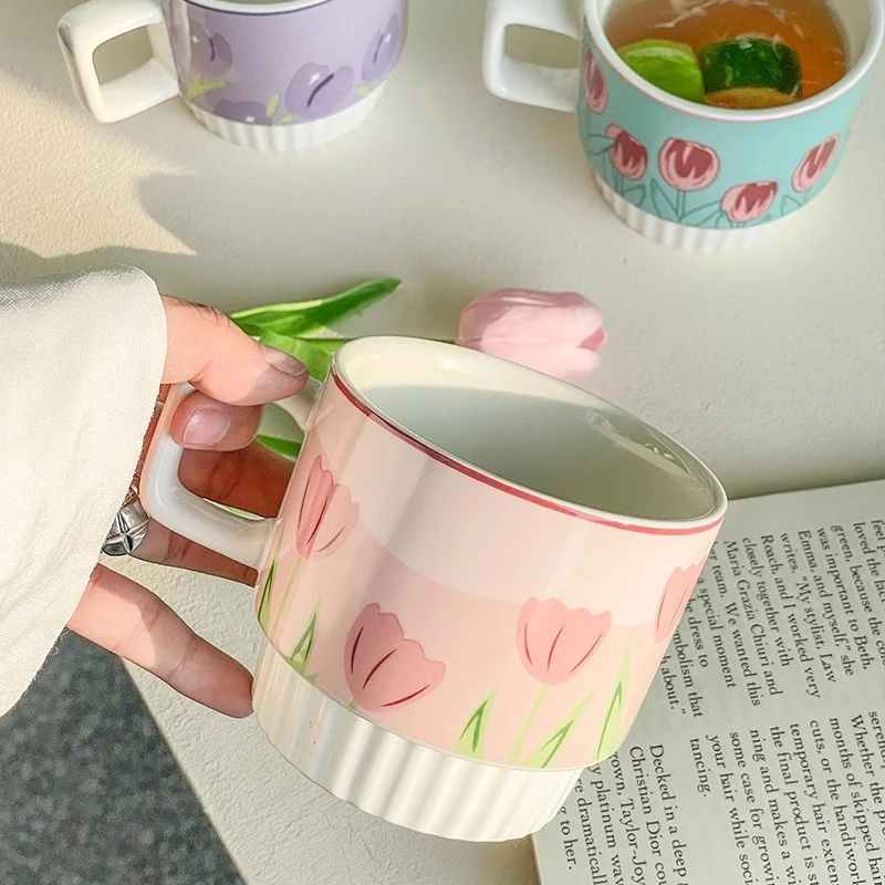 200ml Ceramic Mug Tulip Flower Cup Lovely Maiden Sense Water Cup Couple Style Coffee Cup Kitchen Drinkware Creative Mugs Cute