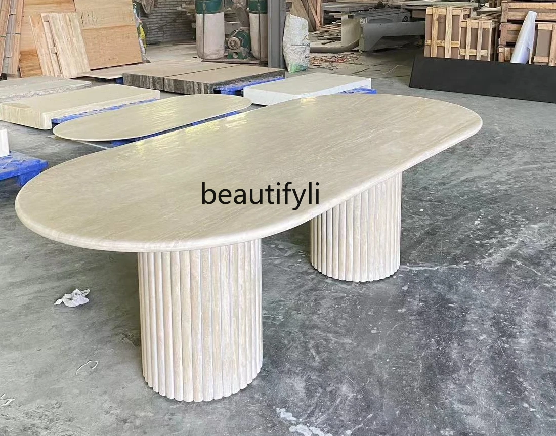 

Natural Cave Stone Marble Oval Miji Designer Dining Table French Cream Style Strip Guide Table