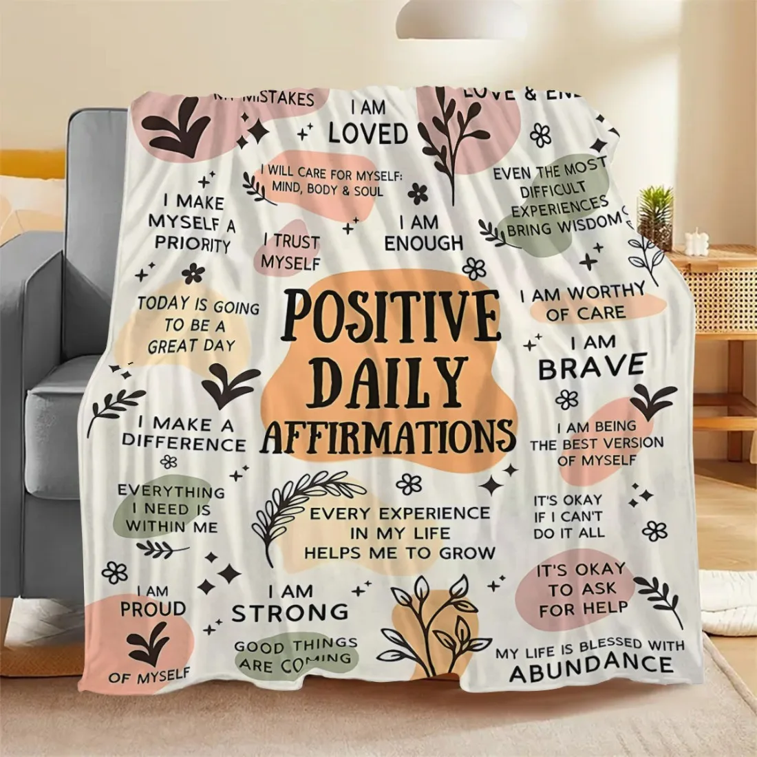 Inspiring Daily Affirmations Soft Blanket, 100% Polyester Knit Fabric, Positive Belief Gift, Support Women's Mental Health