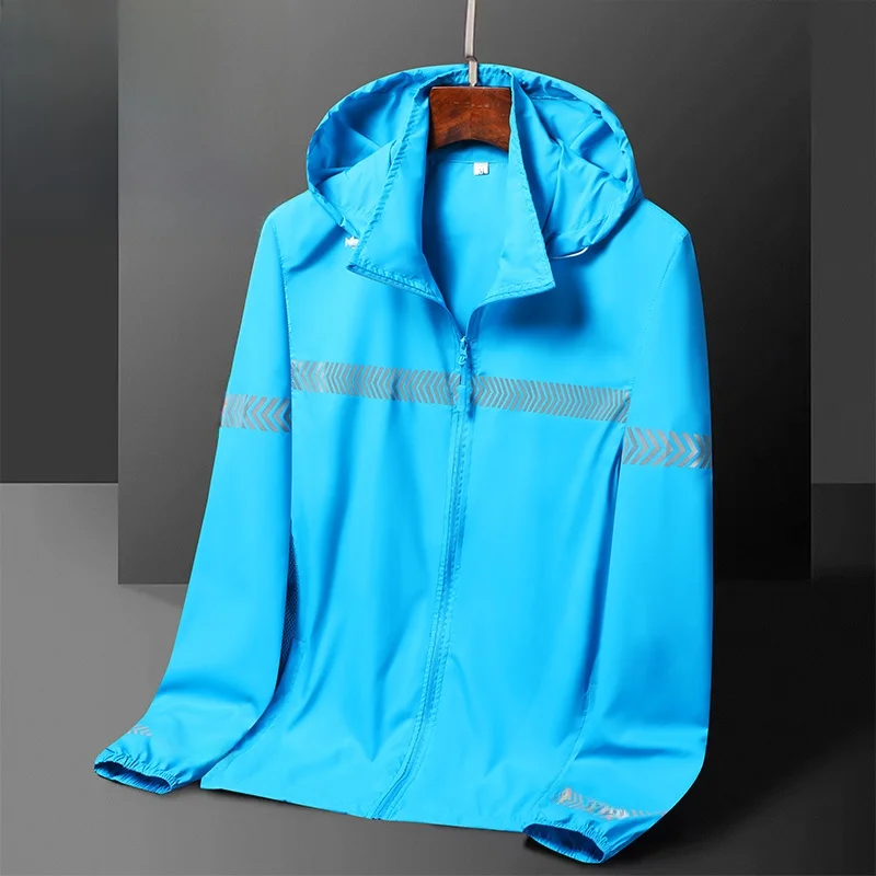 

Reflective Stripe Hooded plus Size Men's Sun Protection Clothing Summer Fashion Loose Outerwear Jacket Standard Fit Nylon