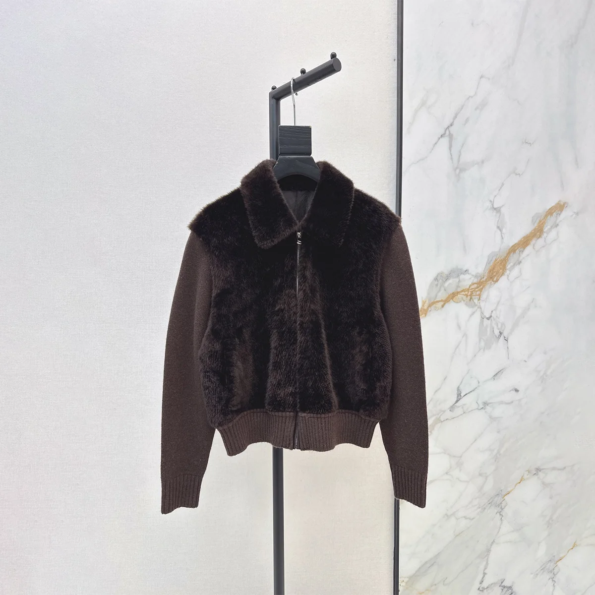 2026 Women Lapel Faux Mink Fur Jacket, Knit Sleeve Zip Up Short Coat 3 Colors261021125