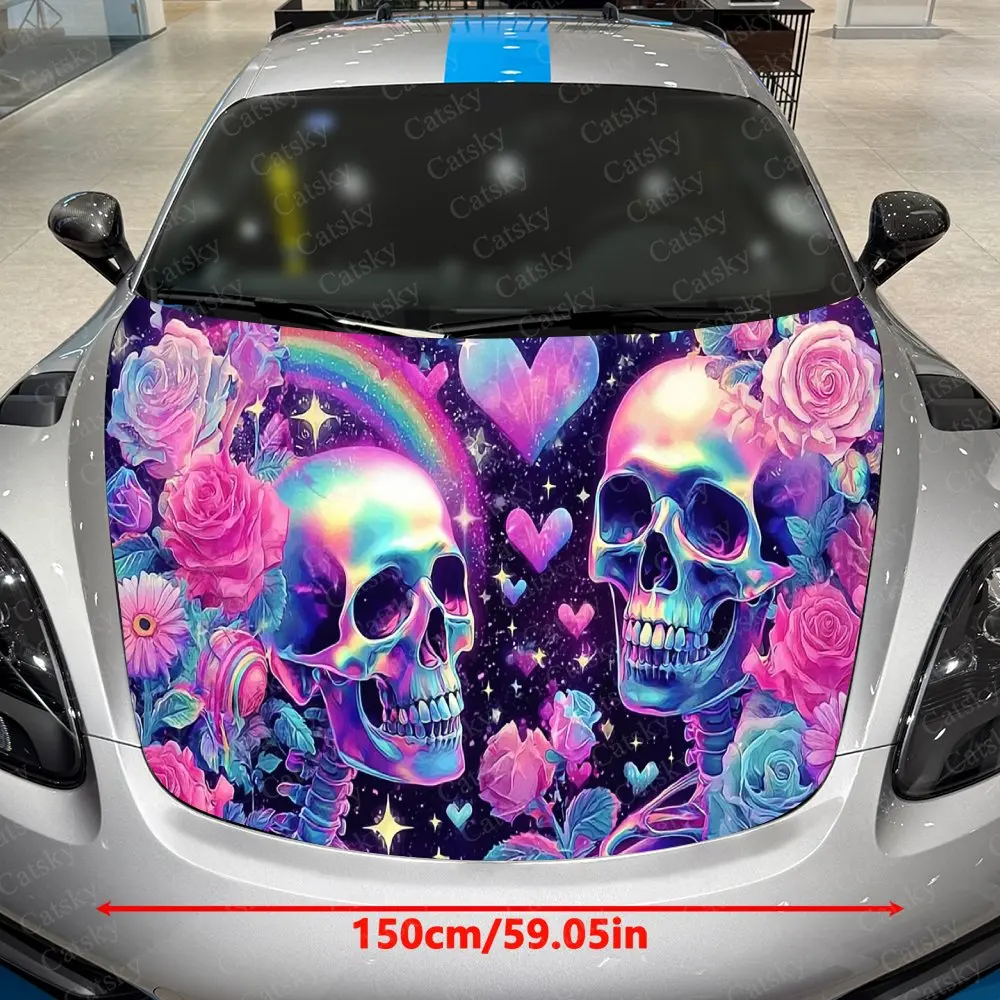 Iridescent Star Heart Double Skulls Car Vinyl Wrap, PVC Waterproof Car Hood Sticker, Self-Adhesive Scratch-Resistant Stickers