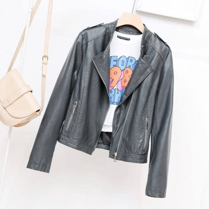 2023 spring new simple stand collar coat PU women's motorcycle leather jacket  European and American leather jacket Outerwear