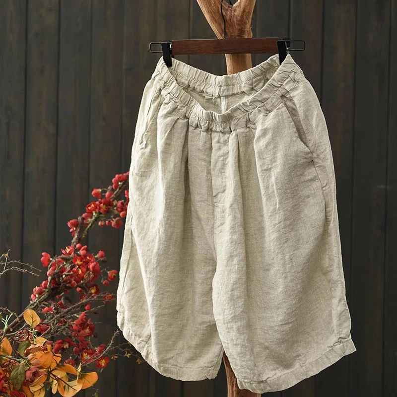 

100% Linen Women Knee Length Casual Pants New 2025 Summer Vintage Style Plain Color Loose Comfortable Female Straight Pants T625
