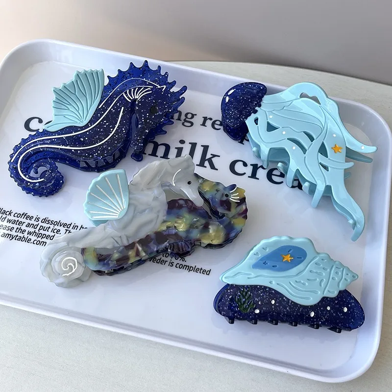 Pinzas para el Cabello de Acetato Serie Azul Océano, Alta Textura, Forma de Concha, Caballito de Mar y Medusa, Accesorios Decorativos Elegantes con Temática Marina