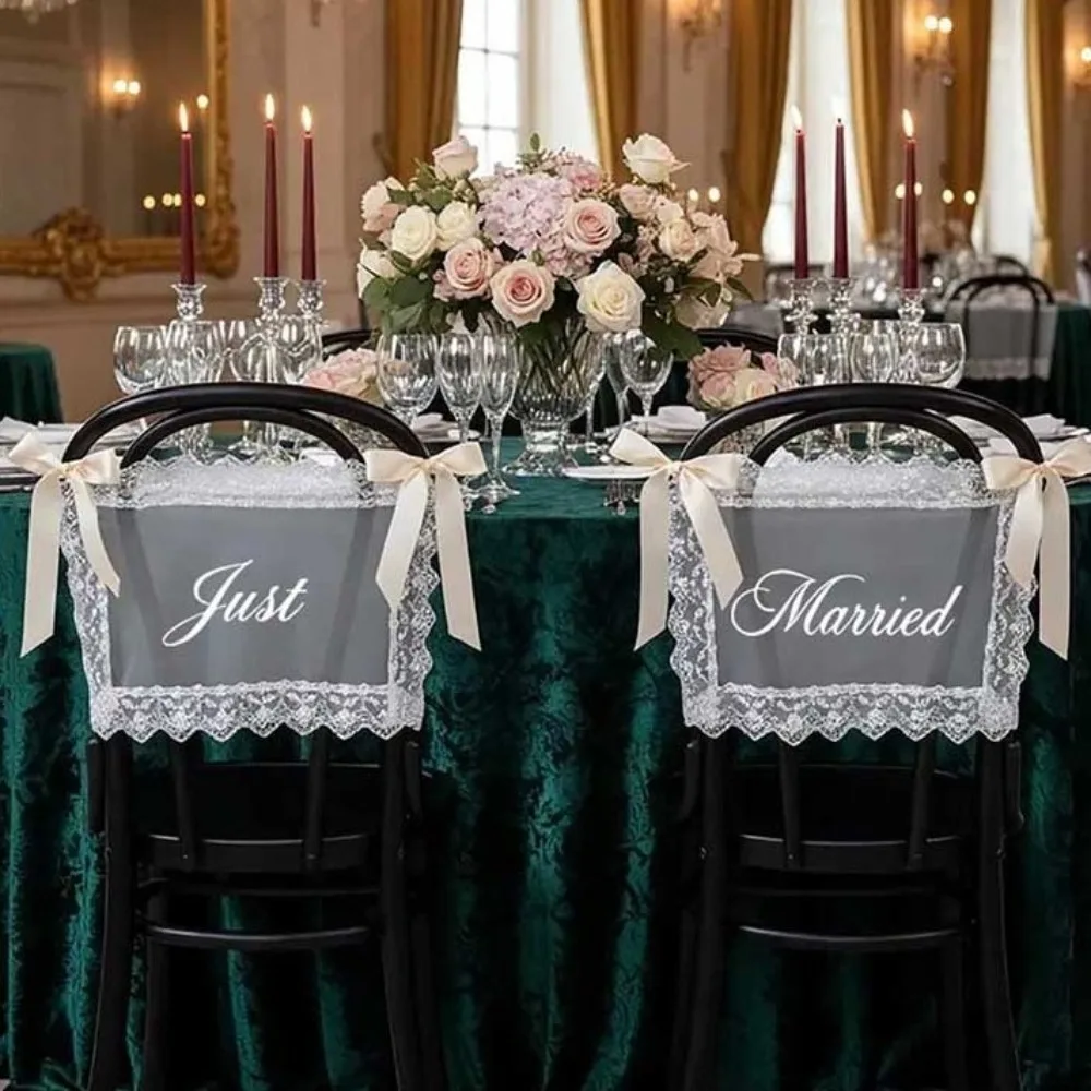 2PCS French Romantic Wedding Chair Back Lace Cover Reusable Creative Strap Chair Cover Multi Purpose Seat Decoration Chair Decor