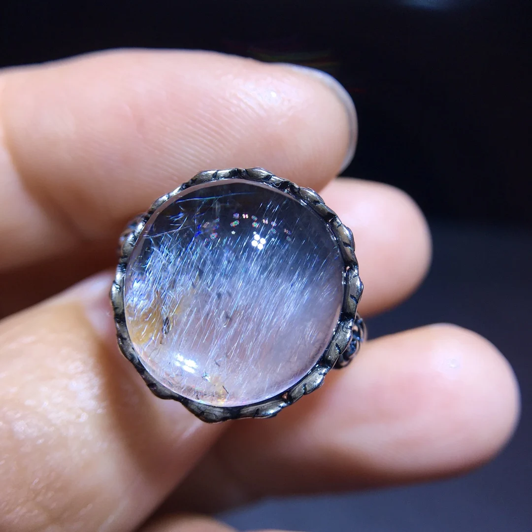 

Natural Brookite Platinum Rutilated Quartz Ring 14.6/13.8mm 925 Sterling Silver Woman Men Water Drop Lucky AAAAA