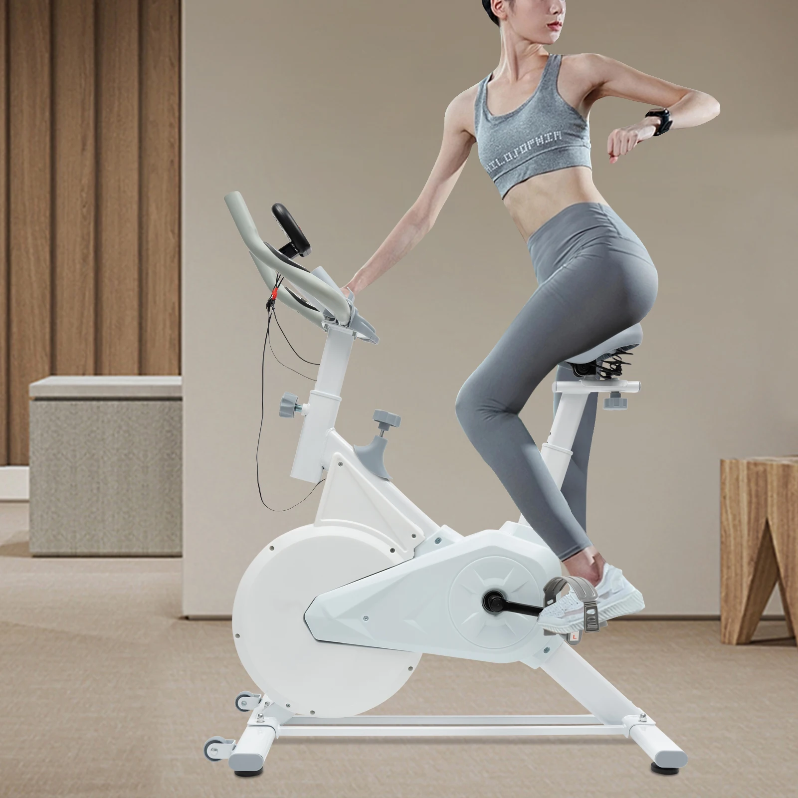 Indoor-Fitnessfahrrad, weißes Heimtrainer, leises Bremsen mit Wollpolster, verstellbarer Sitz/Griff, LCD-Display, 80 kg Tragkraft