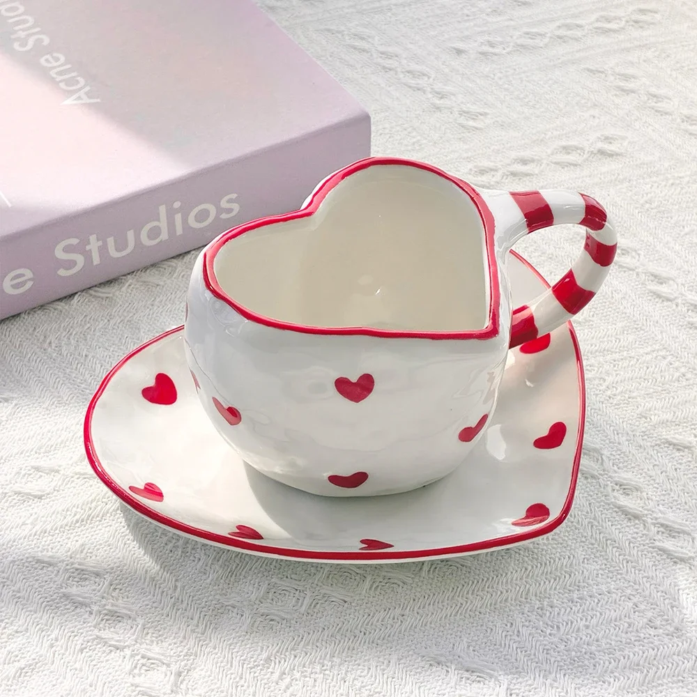 Cute Heart Shape Ceramic Cup Saucer Set Red White Heart Print Striped Handle Mugs Home Kitchen Afternoon Tea Cups Drinkware