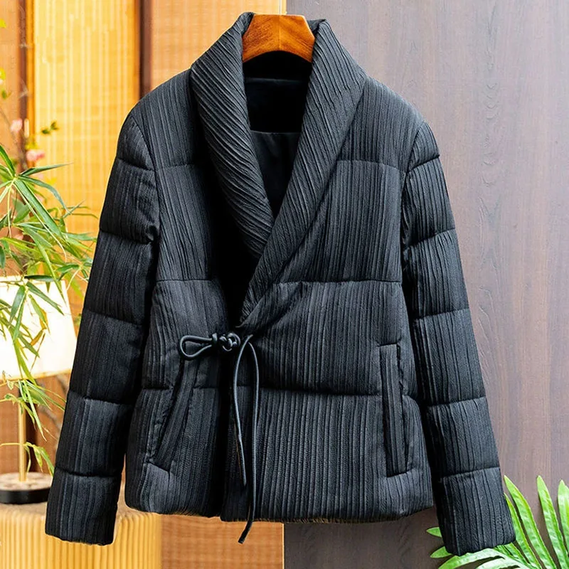 여성용 흰색 짧은 코트 중국 스타일 V넥 다운 코튼 패딩 재킷 겨울 신상 탑 우아하고 고급스러운 캐주얼 두꺼운 아우터 여성