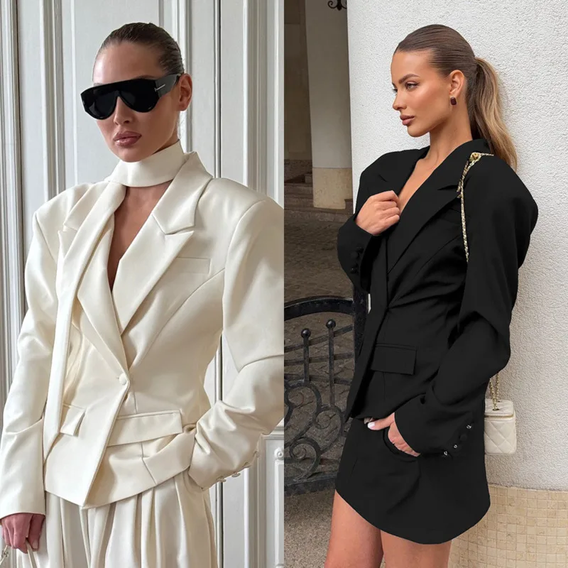 

2025 Autumn Elegant Women's Suit Jacket Long Sleeve V-Neck Bandage Blazer Patchwork Design Slim Fit Office Lady Outwear Coat New