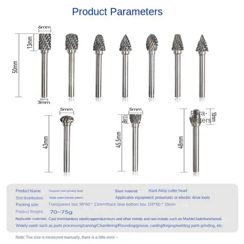 Tungsten Carbide Burrs Set 6mm Shank Double Cut Solid Power Tools Rotary Files Bits for Die Grinder Metal Wood Cutter Milling