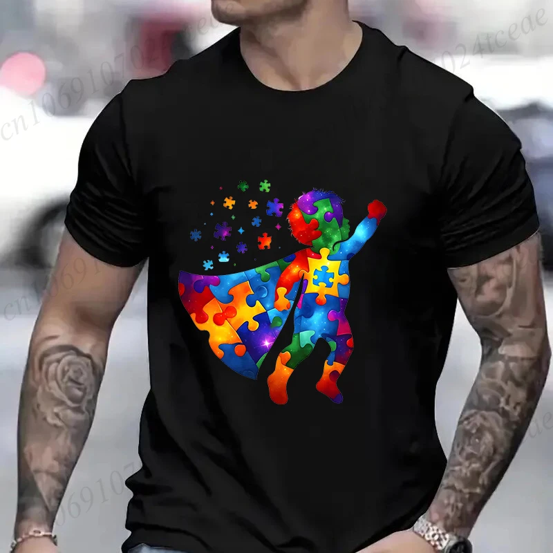 Funny Hero Autism Awareness T-shirt for Men Acceptance Neurodiversity Puzzle Graphic Y2k Tops Hip Hop Oversized Male Clothing