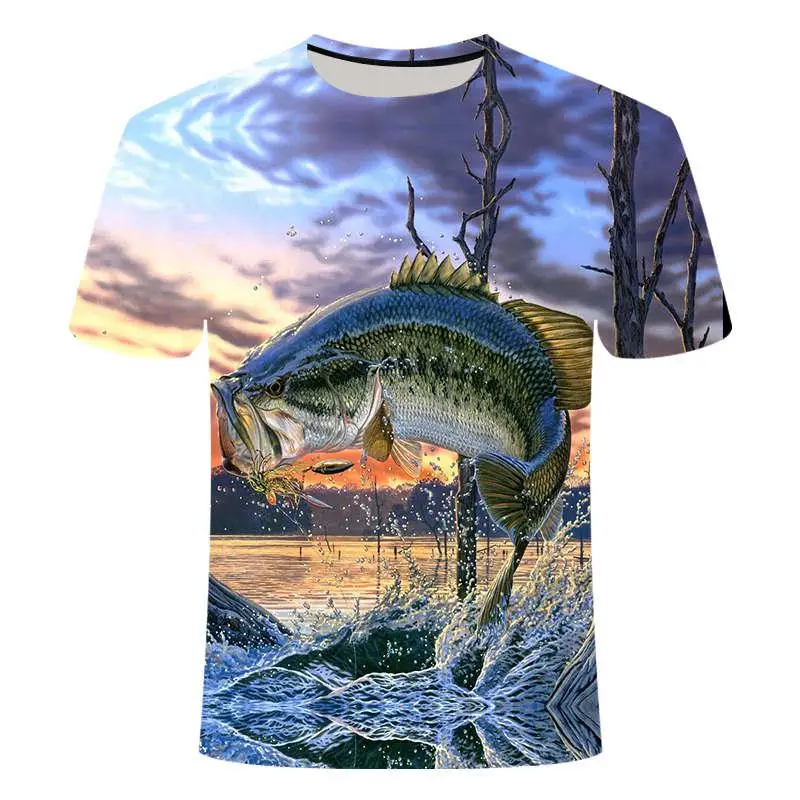 Camiseta con estampado de pesca 3D para hombre, camisa de pesca informal con cuello redondo, novedad de 2021