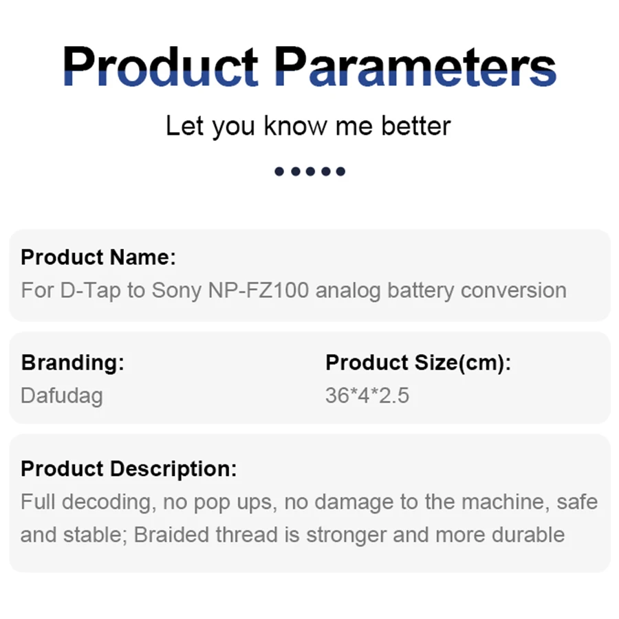 D-Tap to 소니 A7 Fx3 Fx30 Np-Fz100 가짜 배터리 케이블, 안전하고 안정적
