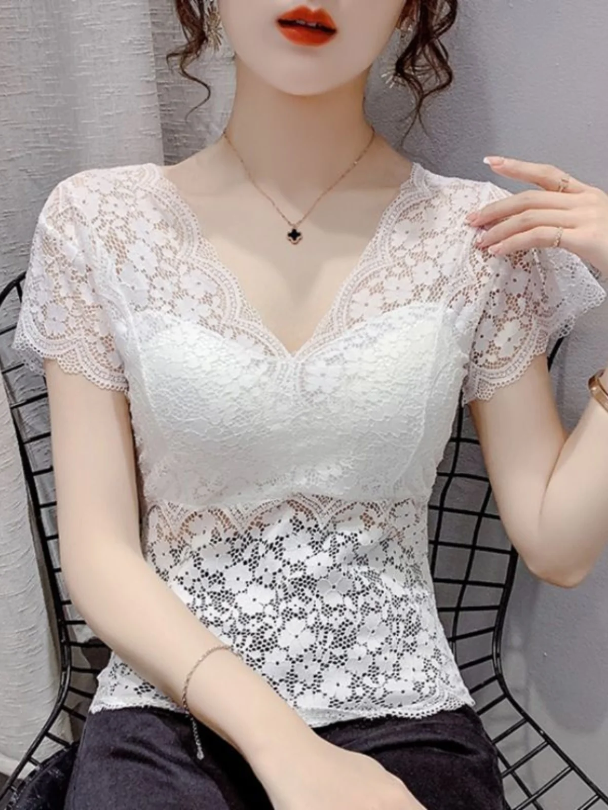 

Fashionable Summer 2025 Lace Shirt Hollow out V-Neck Short Sleeve Women's Slim Fit round Neck Top Trendy Style Casual Wear