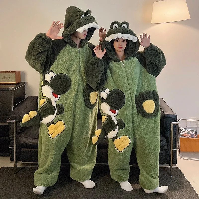 

Cartoon Cute Jumpsuit Sleepwear Winter Warm Coral Fleece Pajamas Set for Couples Big Size 3XL 4XL Women and Men Nightwear