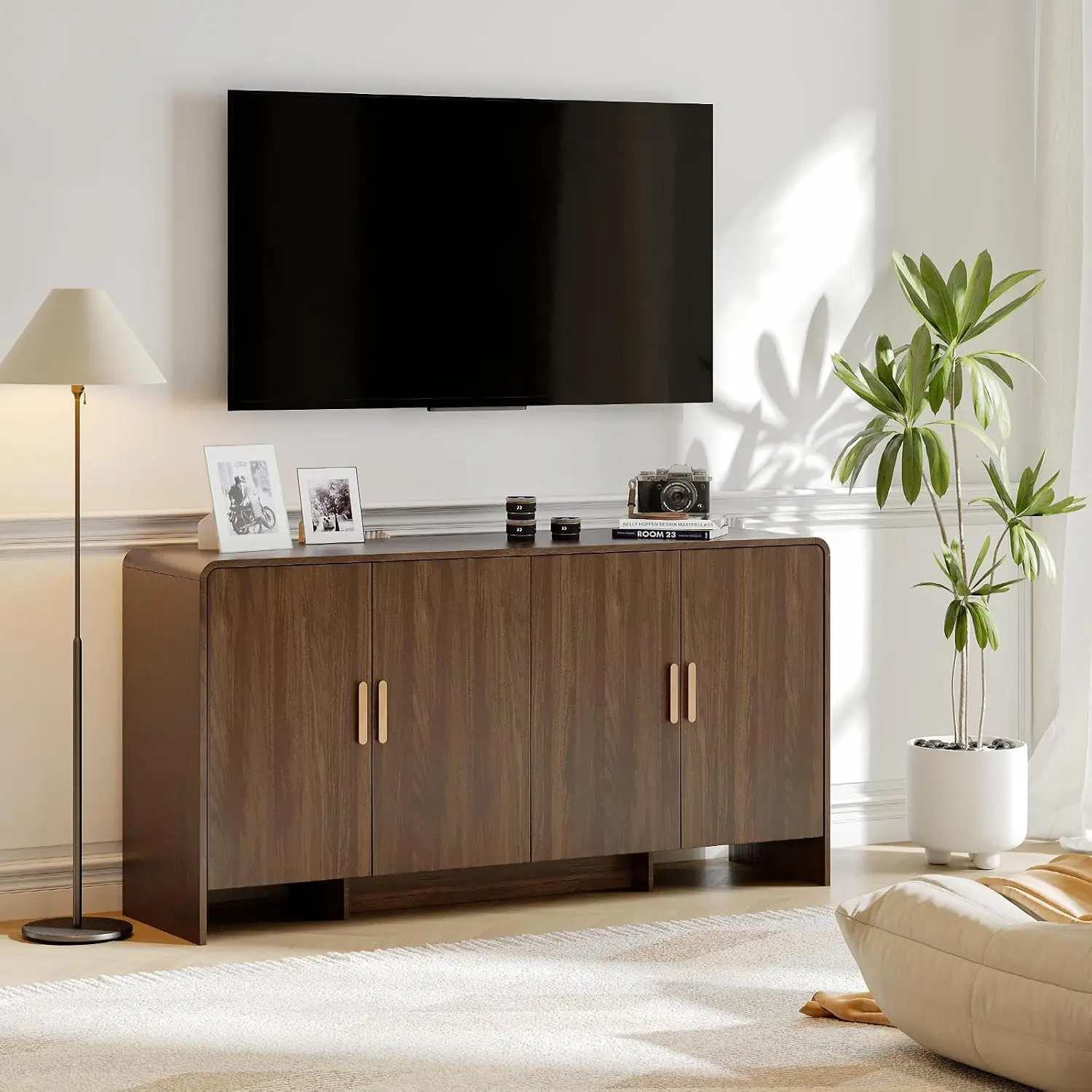 60 Inch Sideboard Cabinet with Adjustable Shelves & Storage - Mid-Century Walnut Buffet Cabinet for Living Room, Dining Room, Kitchen | Solid Wood Frame Coffee Bar Console Table