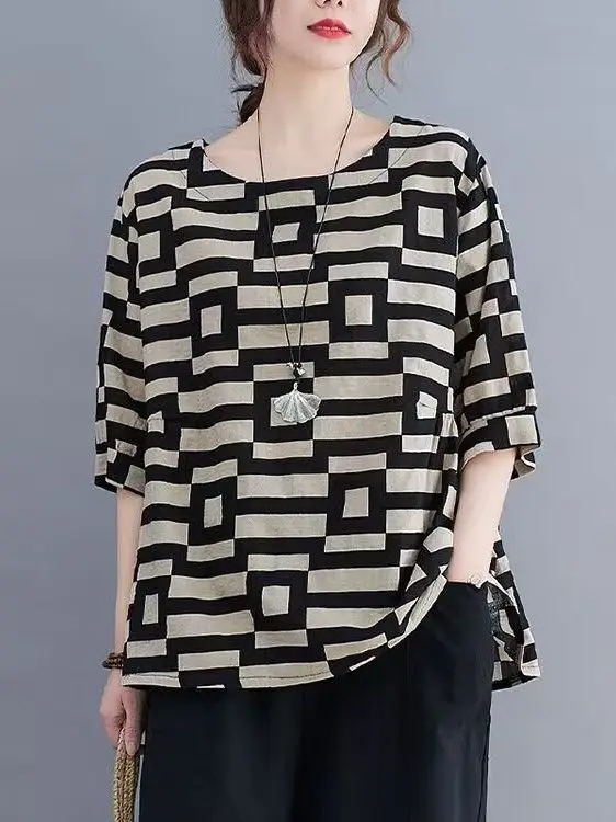 Loose Fit Cotton Linen Women's Shirt Short Sleeve Breathable Comfortable plus Size 300 Pounds Summer New Style Geometric Print
