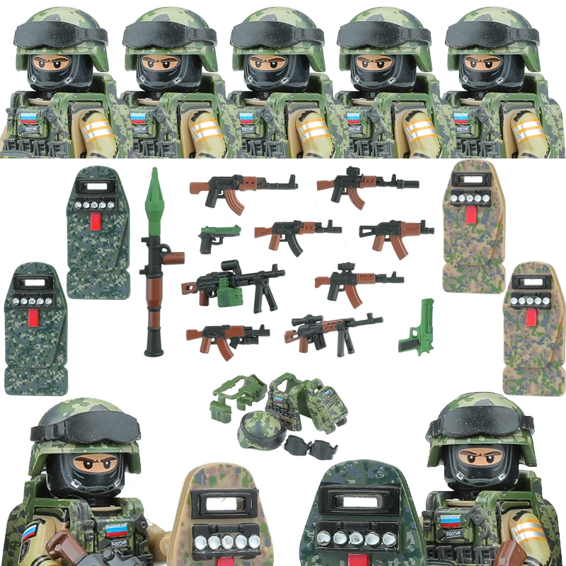 City Police Russia Commando FSB Special Forces Figures Building Blocks Green Camouflage Shield Army Soldier Military Weapon Toys