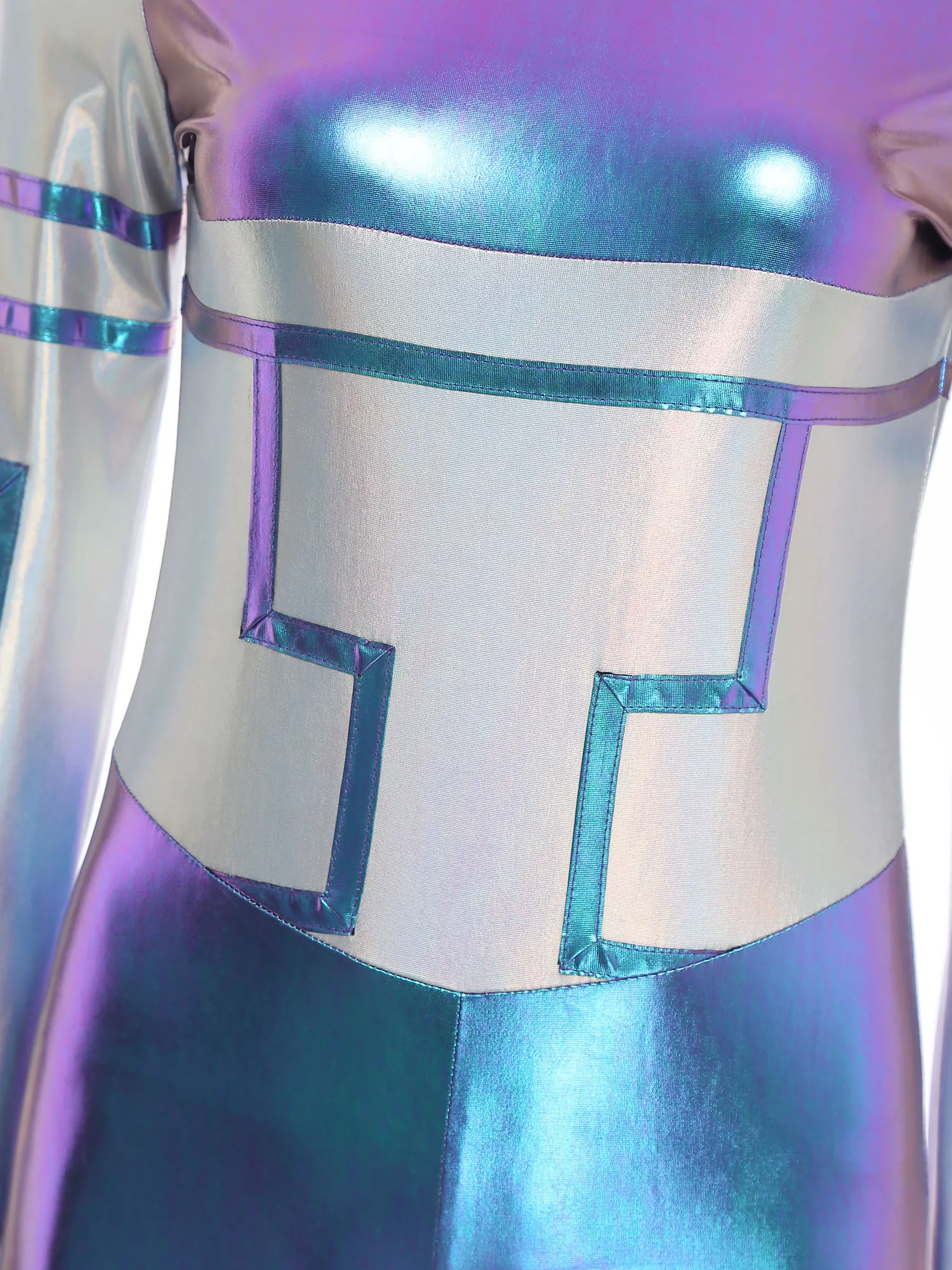 Women Space Alien Robot Astronaut Galaxy Trip Cosplay Costume Long Sleeve Metallic Shiny Bodysuit for Halloween Theme Party view 4