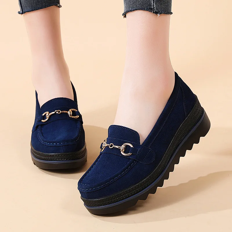 Spring Platform Women Shoes Autumn Flats Sneakers Suede Leather Casual Shoes Metal Buckle Decorate Comfort Slip on Women Loafers