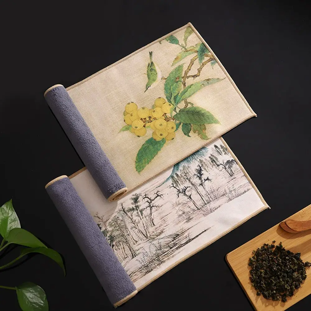 Chinese Painting Ancient Style Tea Ceremony Towel Guochao Zen Tea Mat Thickened Water-Absorbent Painted Tea Cloth Tea Towel