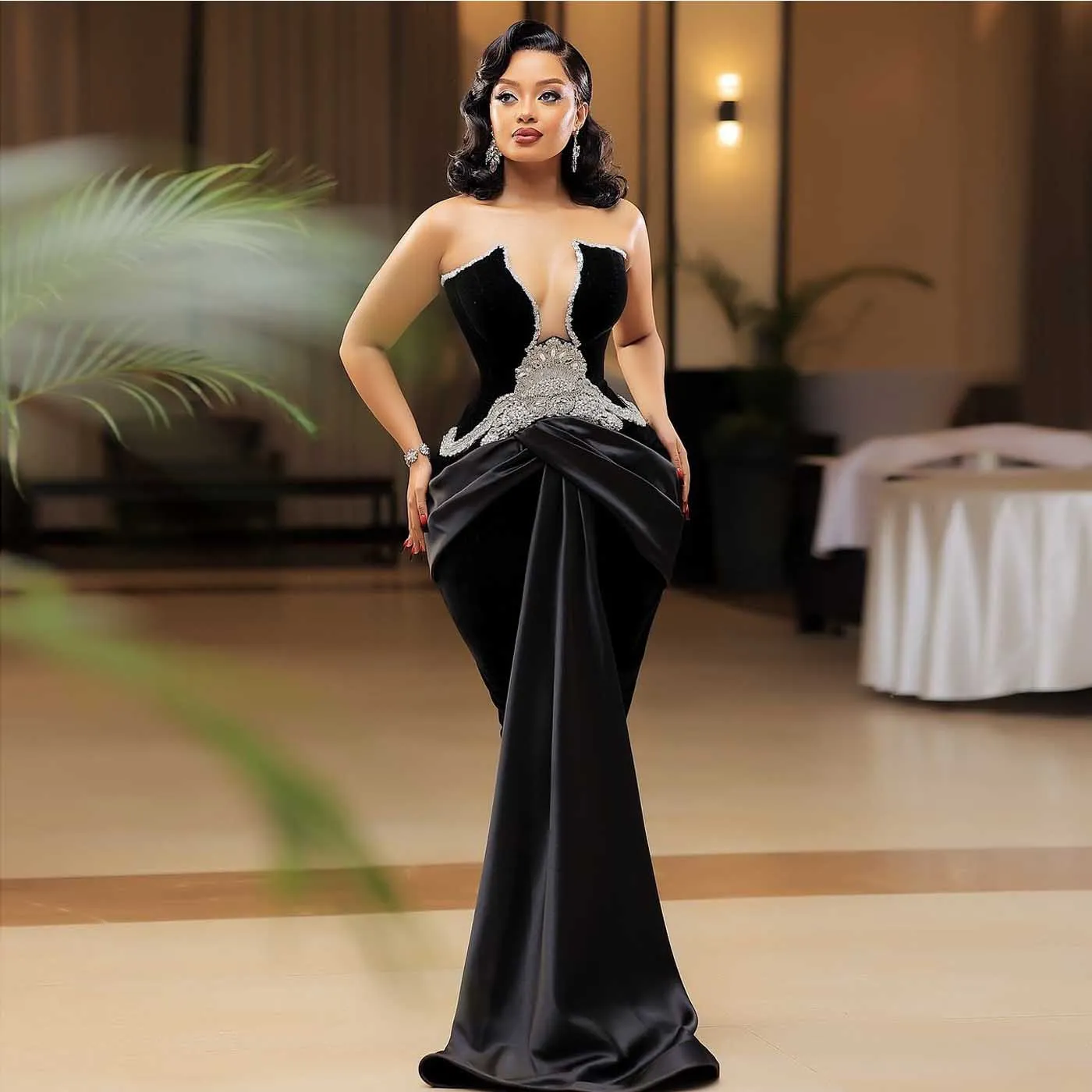 African Formal Party Dresses 2026 Shining Beaded Mermaid Wedding Guest Gorgeous Aso Ebi Style Black Velvet Evening Dresses New