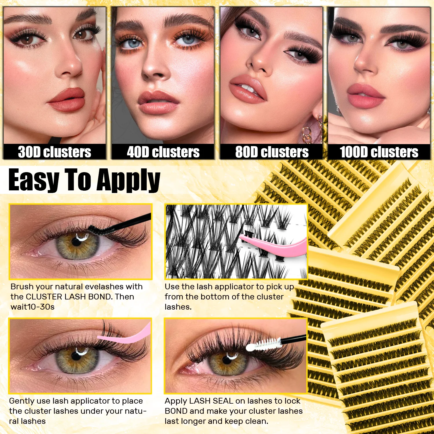DIY Lash Clusters Kit - 30D/40D/80D/100D Mix 8-16mm D Curl Individual Lashes, Natural Volume False Eyelashes for Beginners - view 6