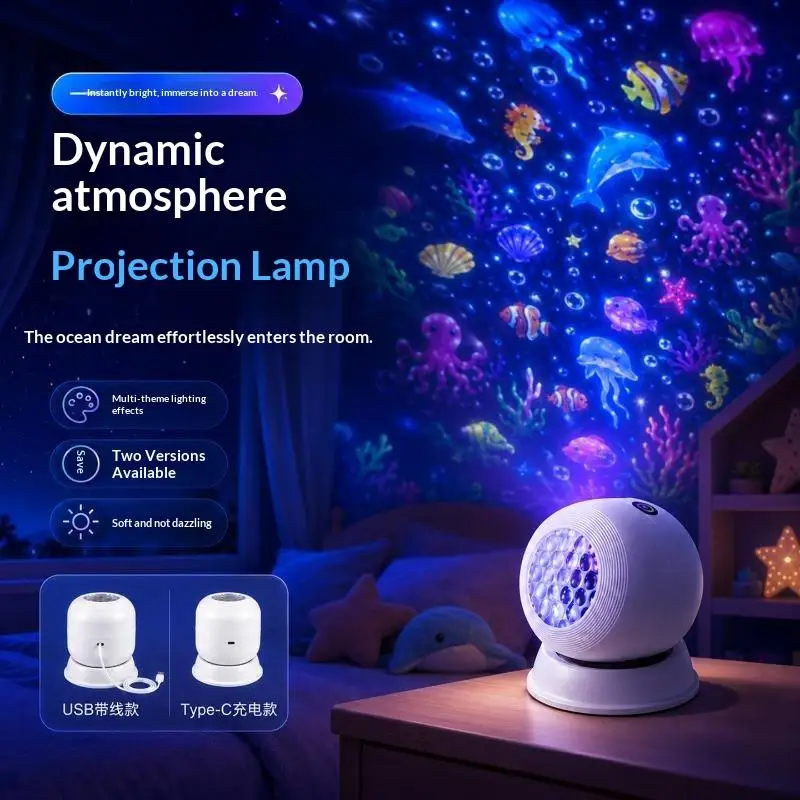 LED Starry Ocean Projection Light 360°Rotating Dynamic Night Light USB Plug-in Creative Birthday Gift for Preferred Bedroom Lam